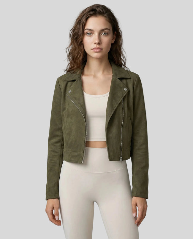 EdgeForm Moto Jacket in green worn by model mid body front view highlighting fit and texture