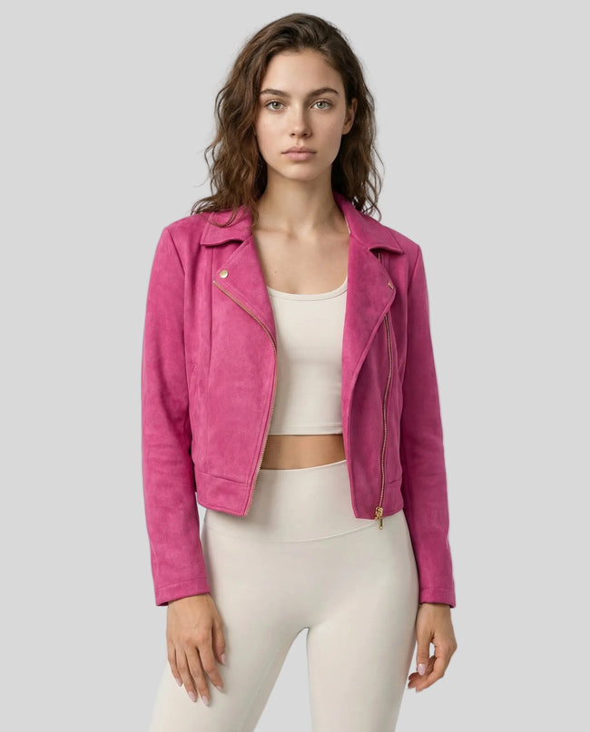 EdgeForm Moto Jacket in hot pink worn by model mid body front view highlighting fit and texture
