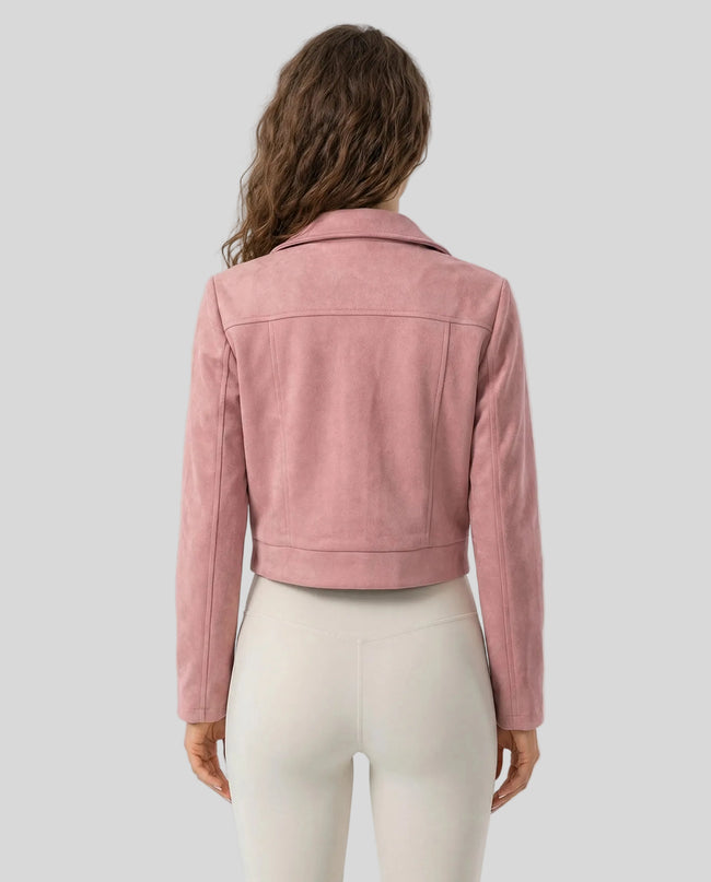 EdgeForm Moto Jacket in pink worn by model back view showing silhouette and structure