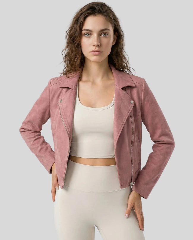 EdgeForm Moto Jacket in pink worn by model mid body front view highlighting fit and texture