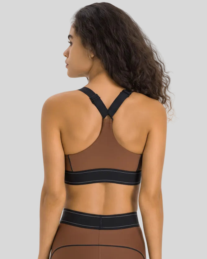 Racerback view of the EdgeForm Sports Bra in Chocolate showing supportive design and clean finish