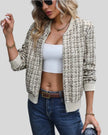 Éloise Tweed Bomber Jacket angled front open highlighting structure and textured finish