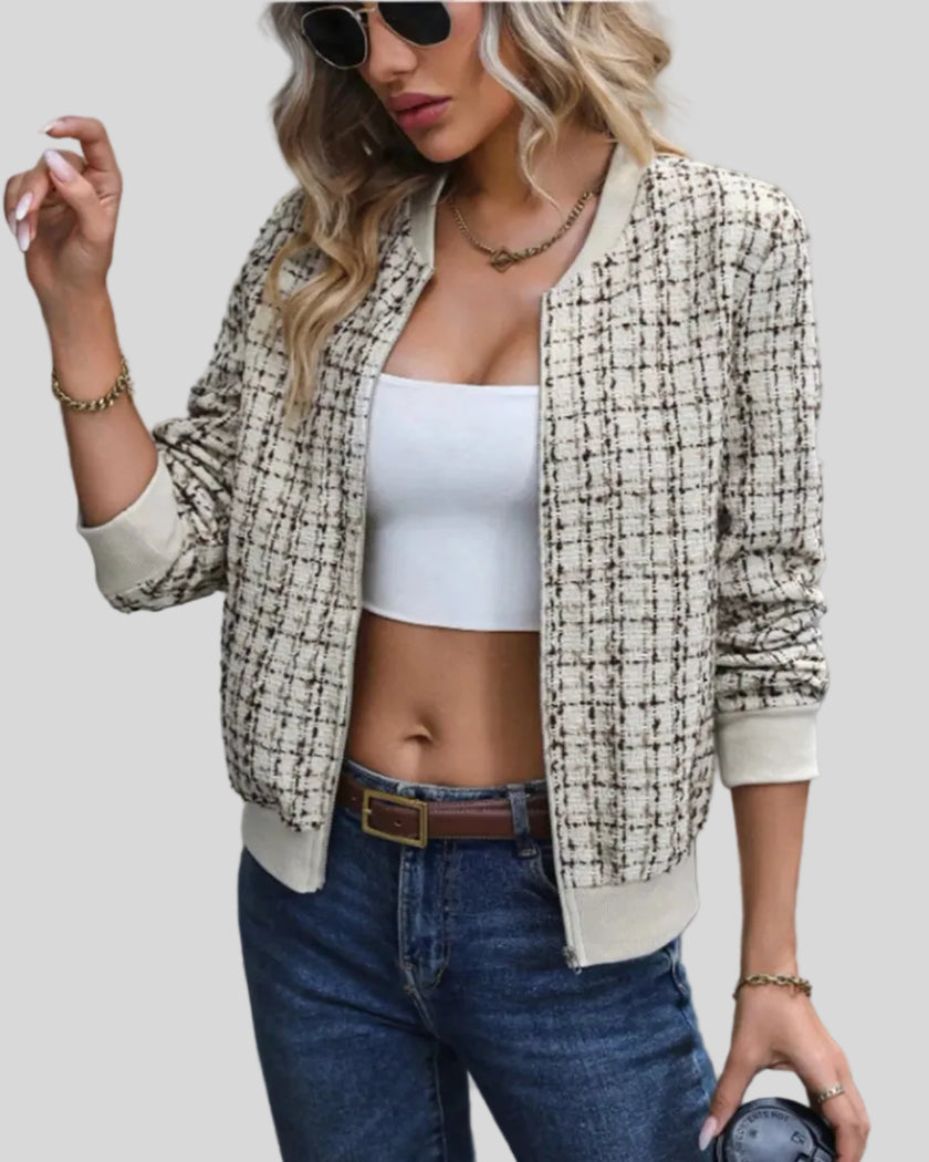 Éloise Tweed Bomber Jacket angled front open highlighting structure and textured finish