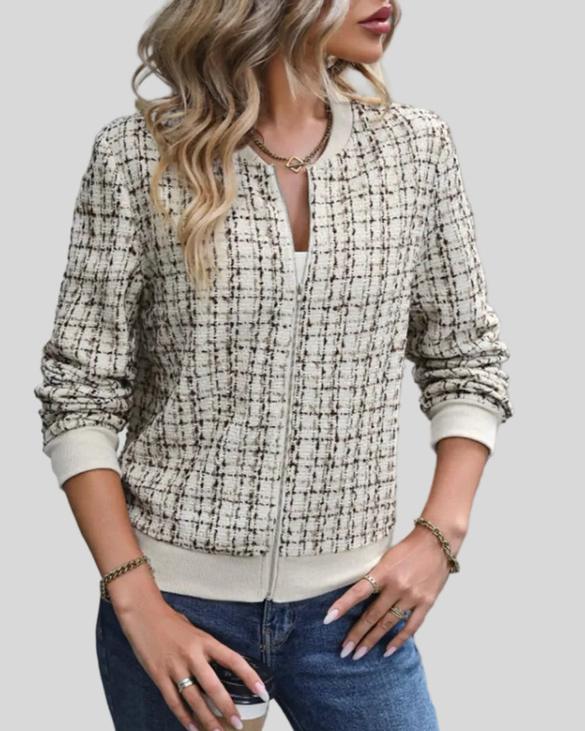 Éloise Tweed Bomber Jacket angled closed view showing fitted bomber shape and texture