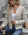 Éloise Tweed Bomber Jacket styled in a casual setting worn semi open for an elevated everyday look