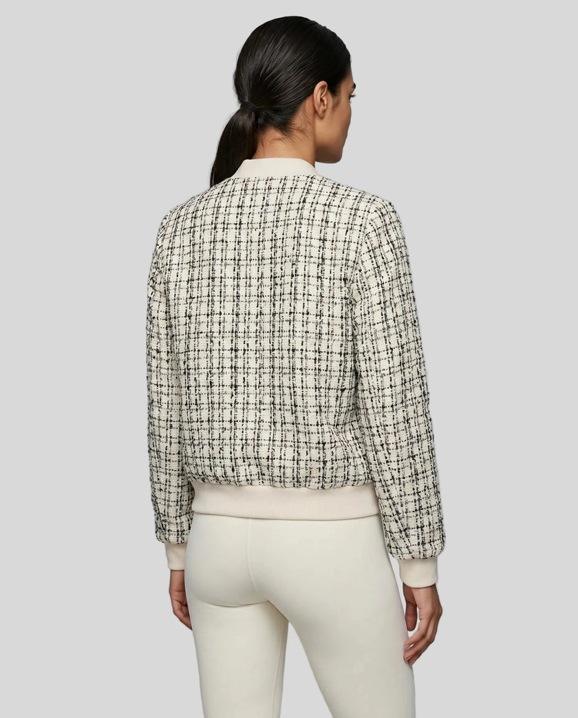 Éloise Tweed Bomber Jacket styled back view highlighting structure and texture in a modern outfit