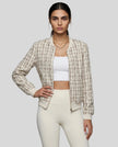Éloise Tweed Bomber Jacket styled front view layered over a minimal outfit for an elevated street style look