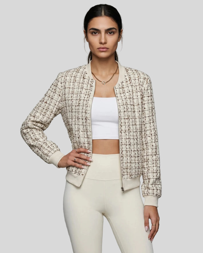 Éloise Tweed Bomber Jacket styled front view layered over a minimal outfit for an elevated street style look