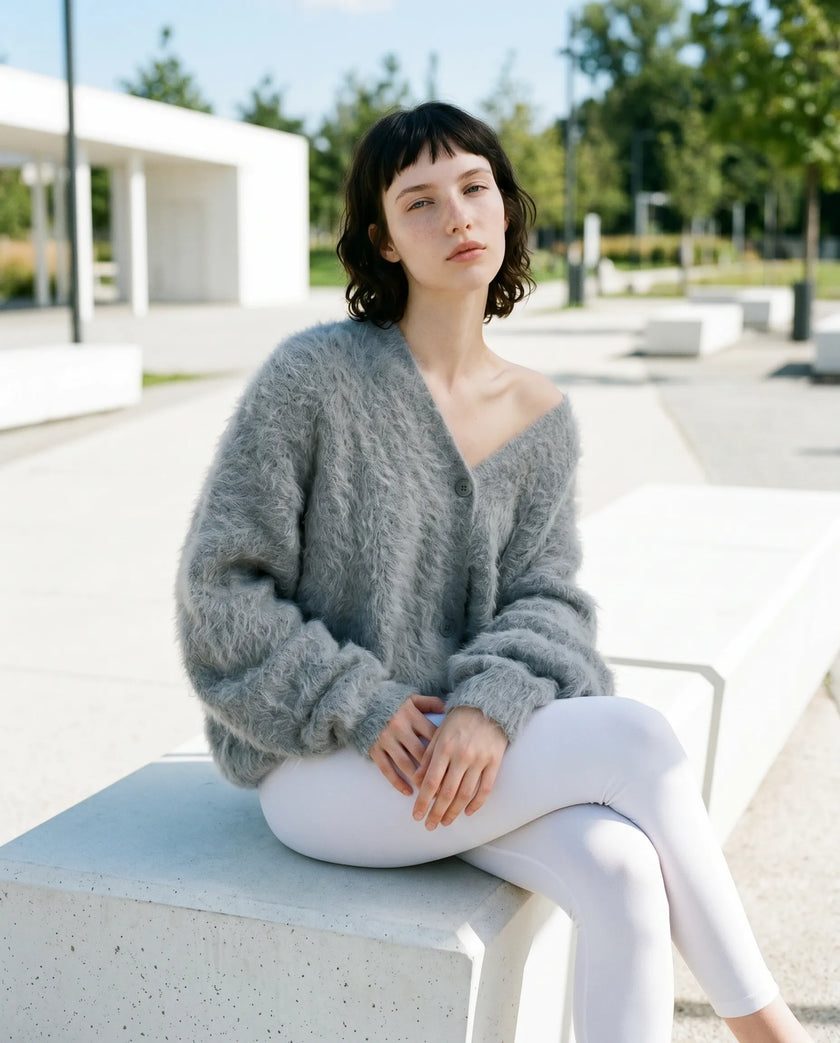 Woman wearing a dark gray sweater and white pants sitting on a bench outdoors.