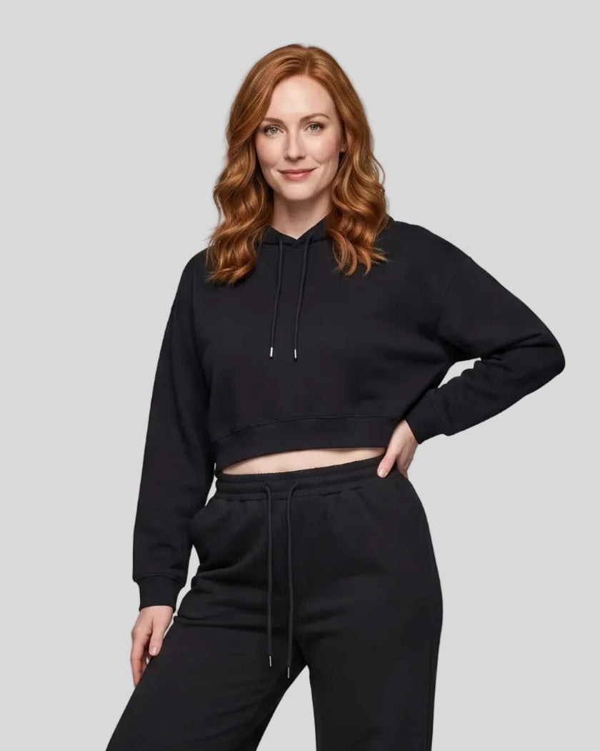 Model wearing Everyday Cropped Hoodie in Black front view