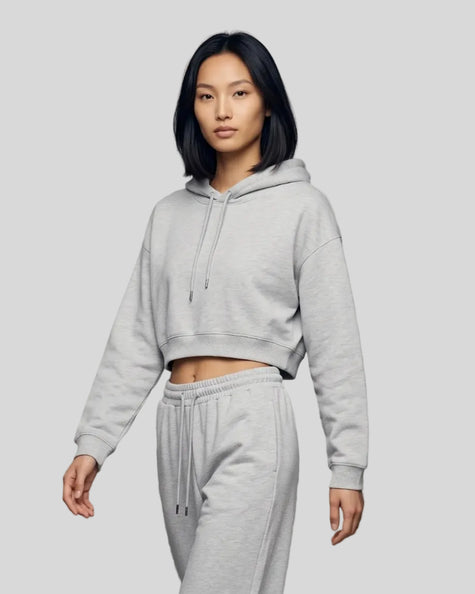 Model wearing Everyday Cropped Hoodie in Flower Gray front view