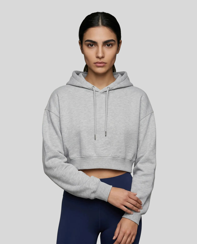 Model wearing Everyday Cropped Hoodie in Flower Gray front view