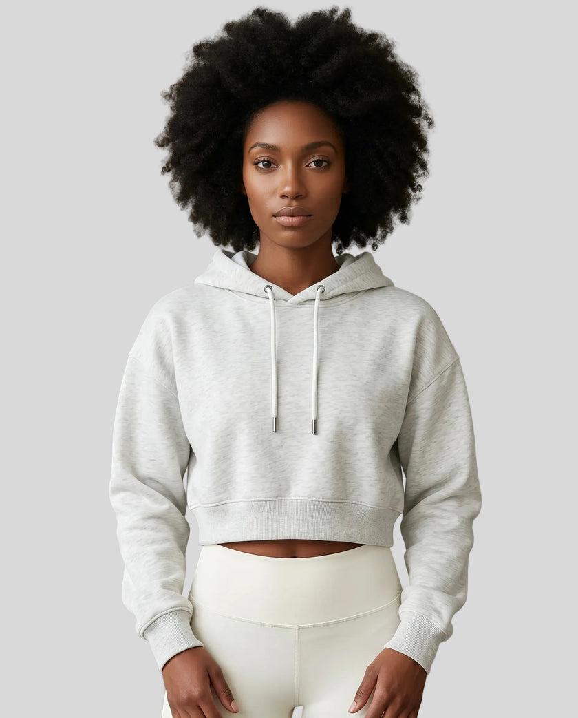 Model wearing Everyday Cropped Hoodie in Oat Gray front view