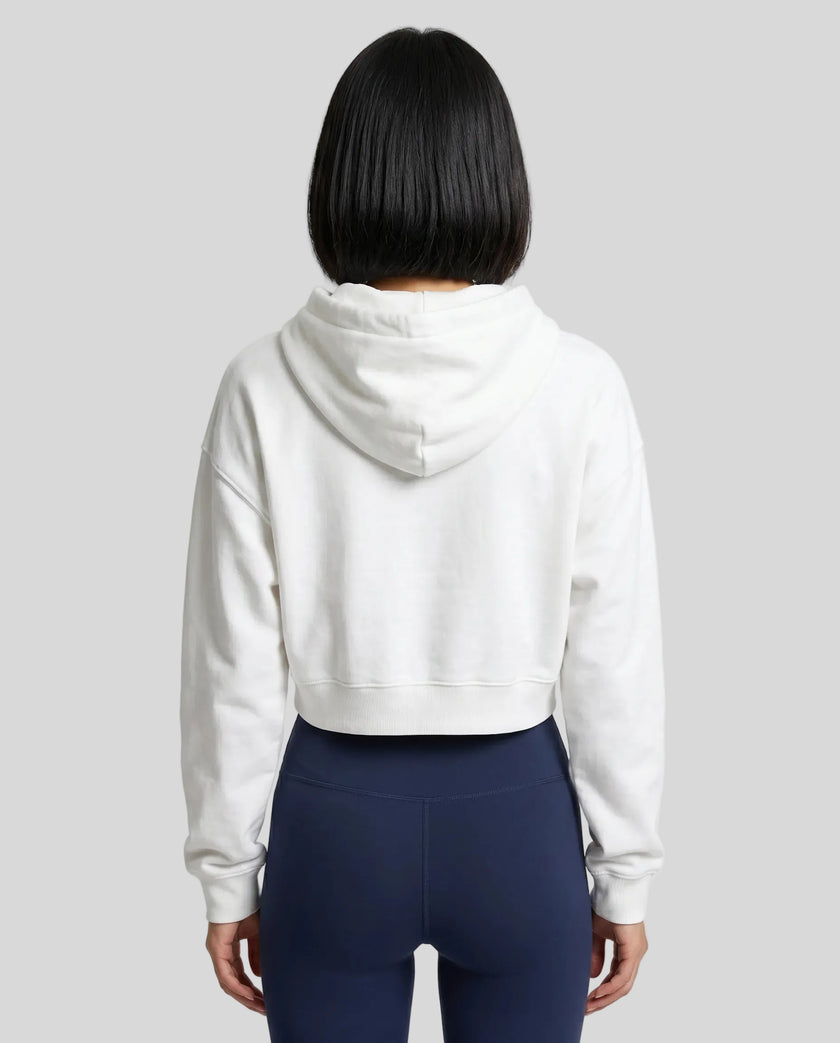 Model wearing Everyday Cropped Hoodie in White back view