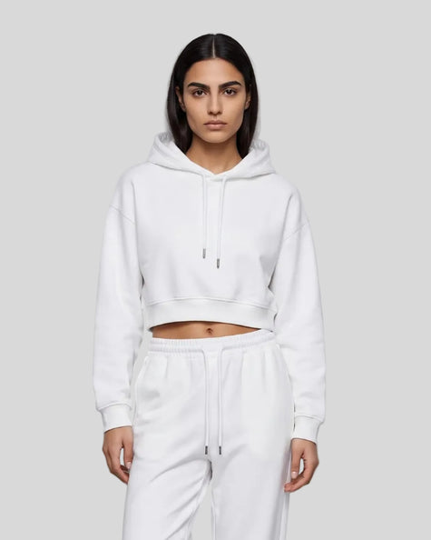 Model wearing Everyday Cropped Hoodie in White front view
