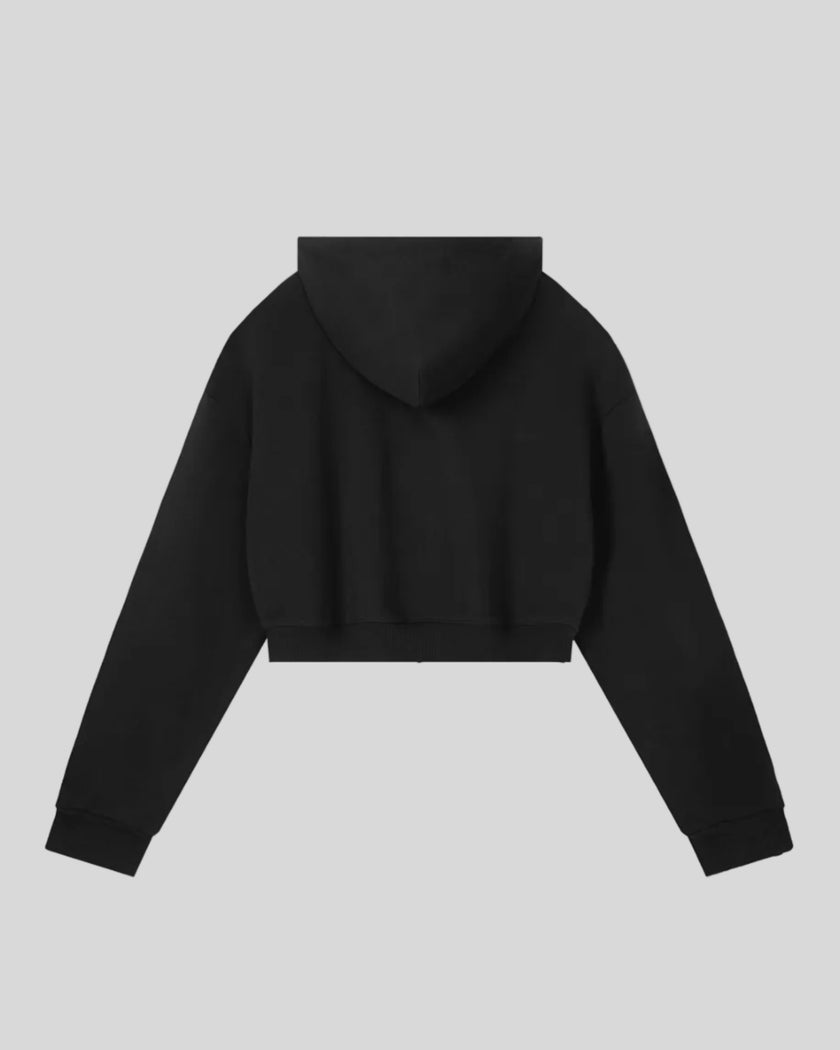 Everyday Cropped Zip-Up Hoodie in Black back view showcasing the relaxed cropped silhouette and hood