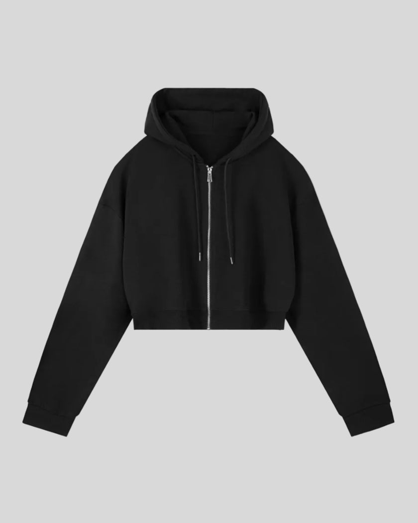 Everyday Cropped Zip-Up Hoodie in Black front view featuring a relaxed cropped fit and full-length zipper
