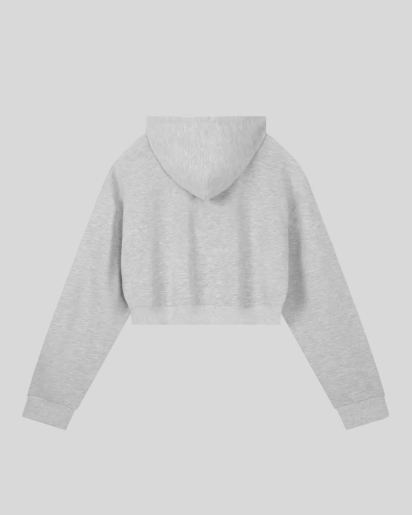 Everyday Cropped Zip-Up Hoodie in Flower Gray back view showcasing the relaxed cropped silhouette and hood