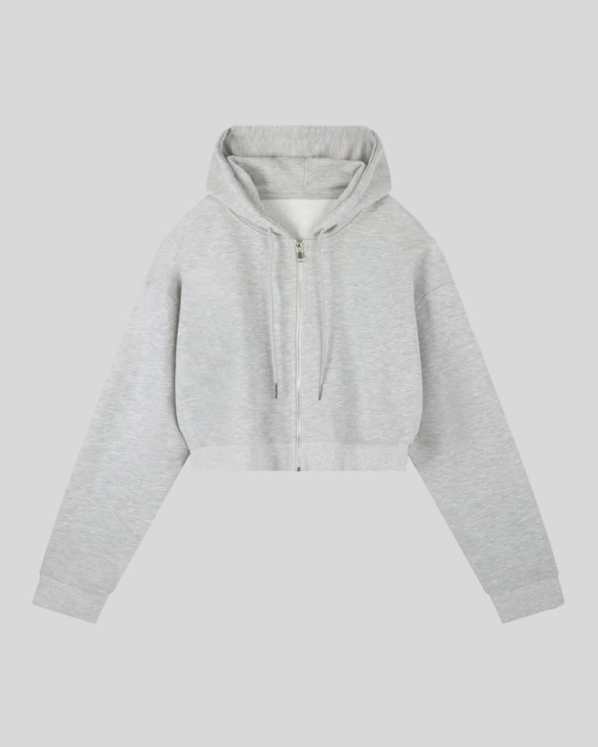 Everyday Cropped Zip-Up Hoodie in Flower Gray front view featuring a relaxed cropped fit and full-length zipper