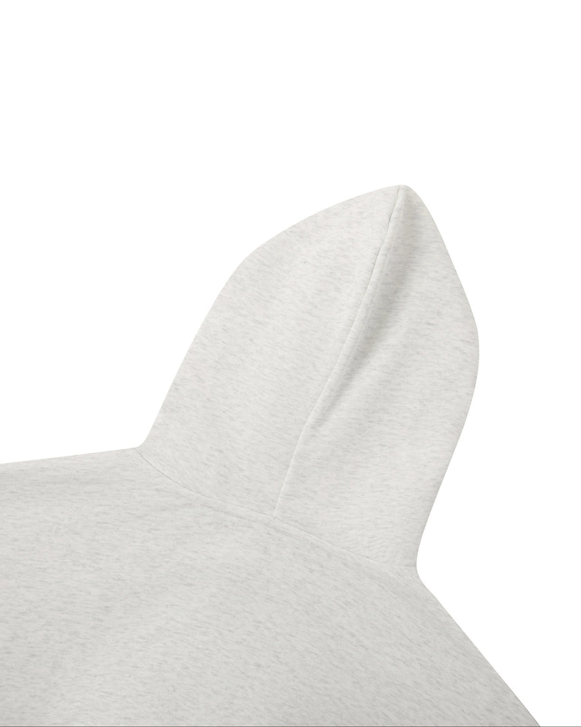 Close-up of the hood construction on the Everyday Cropped Zip-Up Hoodie in Oat Gray
