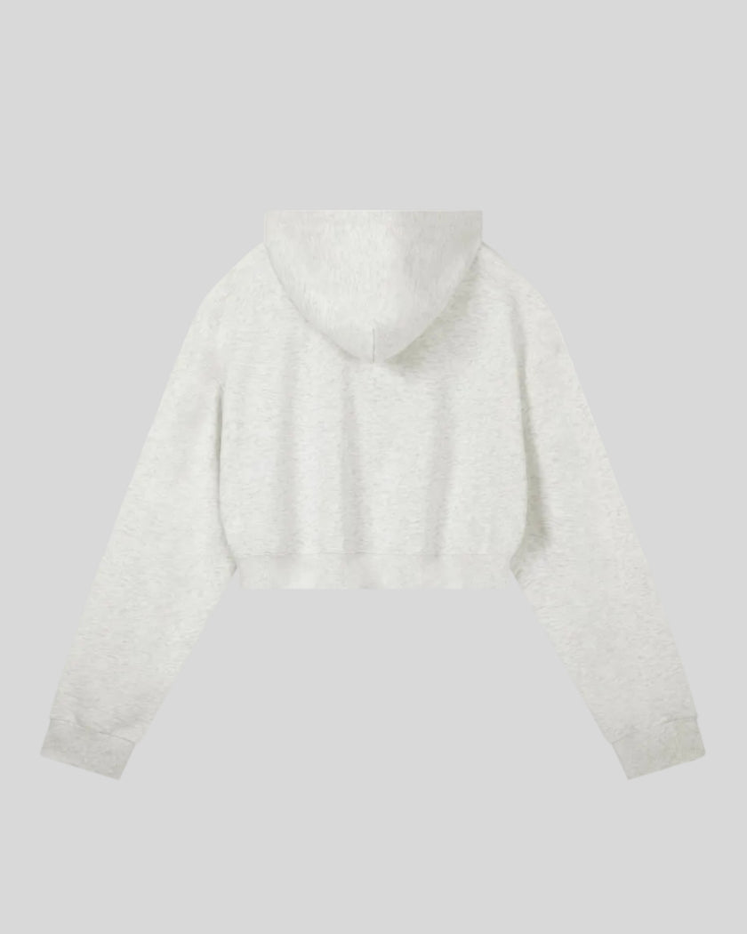 Everyday Cropped Zip-Up Hoodie in Oat Gray back view showcasing the relaxed cropped silhouette and hood