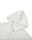 Close-up of the hood, drawstrings, and front zipper on the Everyday Cropped Zip-Up Hoodie in Oat Gray
