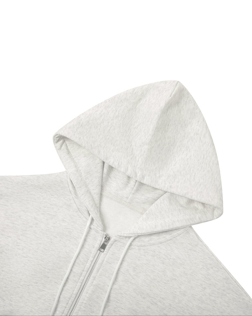 Close-up of the hood, drawstrings, and front zipper on the Everyday Cropped Zip-Up Hoodie in Oat Gray