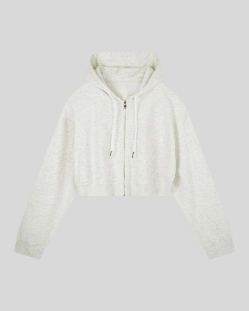 Everyday Cropped Zip-Up Hoodie in Oat Gray front view featuring a relaxed cropped fit and full-length zipper