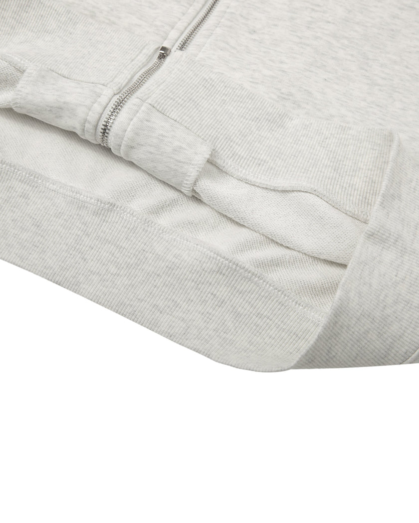 Close-up of the cropped ribbed waistband on the Everyday Cropped Zip-Up Hoodie in Oat Gray