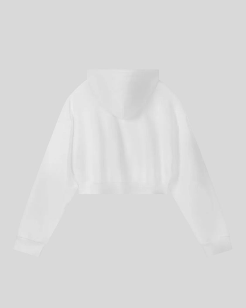 Everyday Cropped Zip-Up Hoodie in White back view showcasing the relaxed cropped silhouette and hood