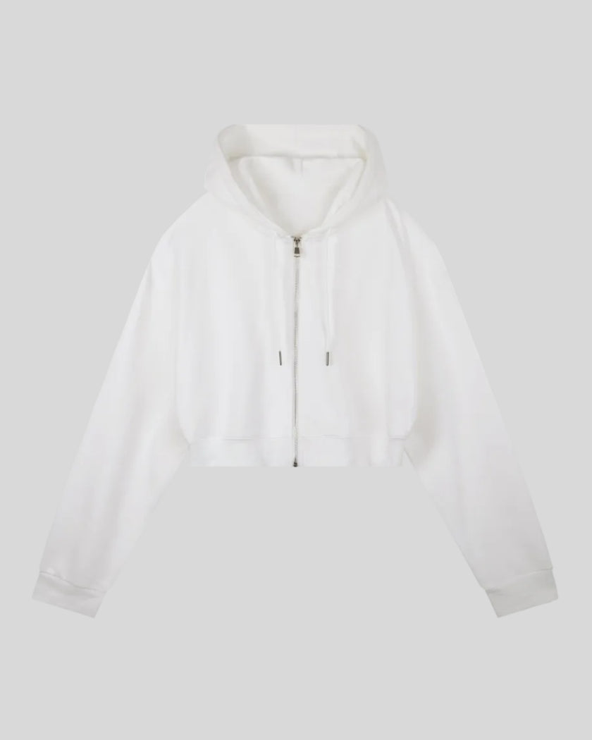 Everyday Cropped Zip-Up Hoodie in White front view featuring a relaxed cropped fit and full-length zipper