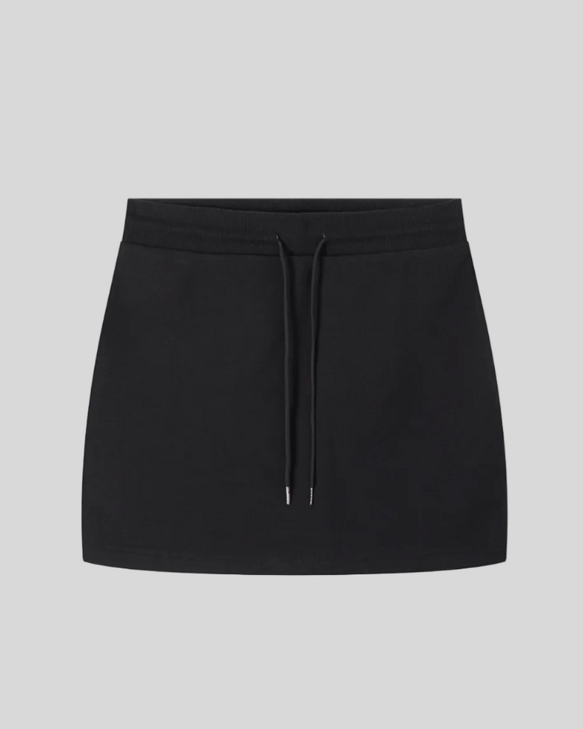 Everyday Drawstring Skirt in Black front view featuring an elastic waistband and adjustable drawstring