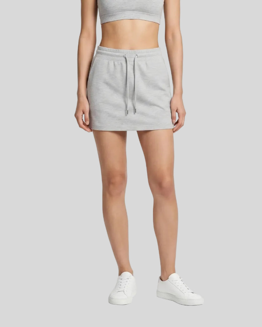 Model wearing the Everyday Drawstring Skirt in Flower Gray viewed from the front