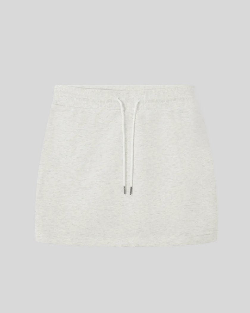 Everyday Drawstring Skirt in Oat Gray front view featuring an elastic waistband and adjustable drawstring