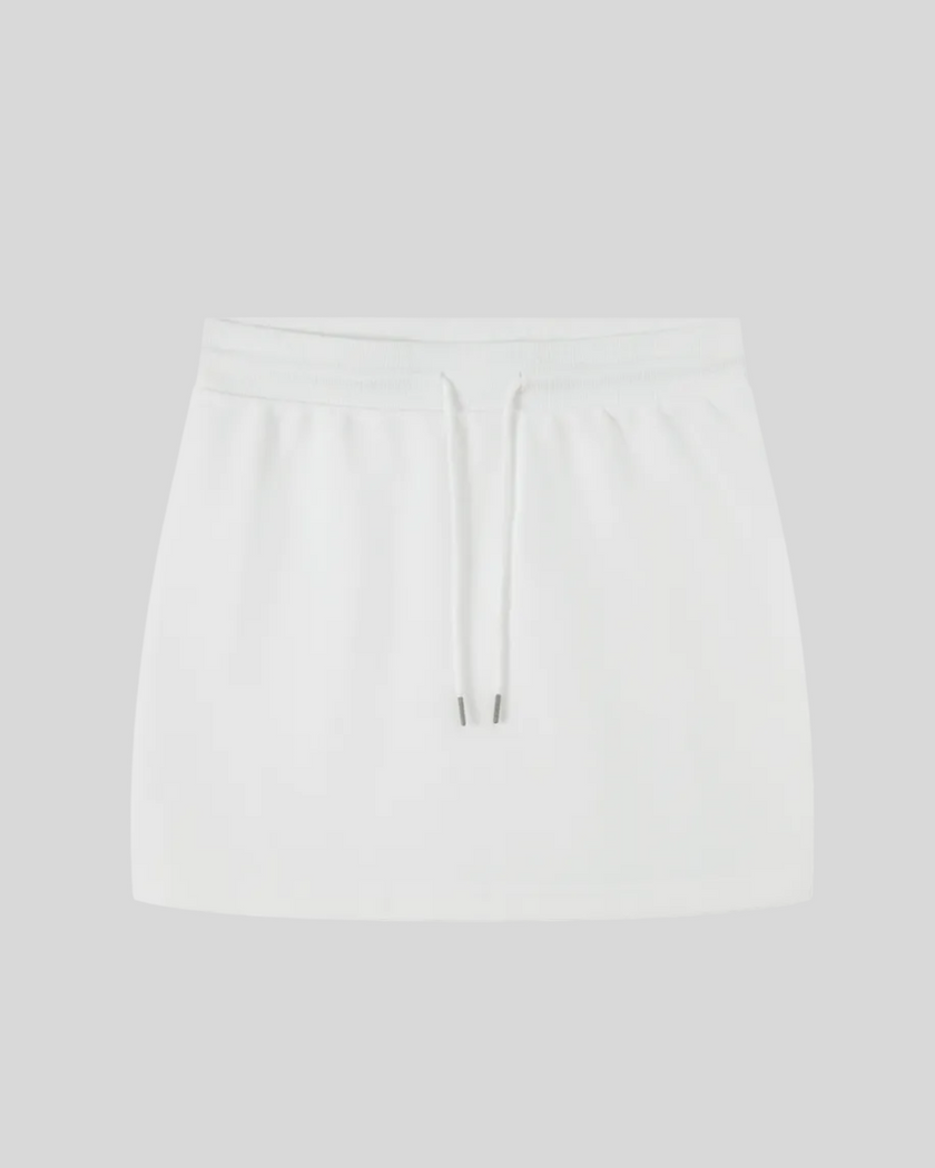 Everyday Drawstring Skirt in White front view featuring an elastic waistband and adjustable drawstring