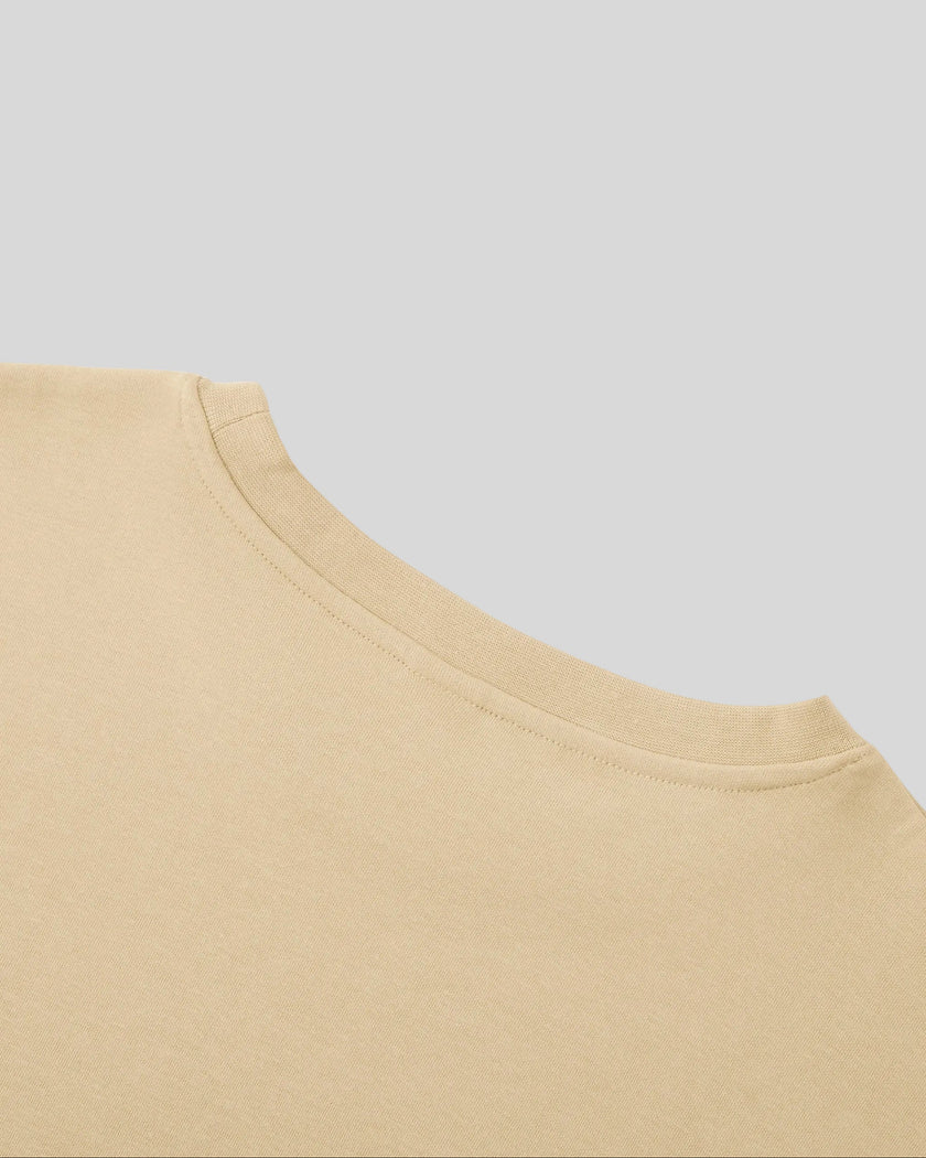 Closeup of back crew neckline and shoulder construction on Everyday Oversized Sweatshirt in Khaki