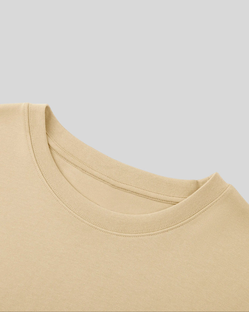 Closeup of ribbed crew neckline on Everyday Oversized Sweatshirt in Khaki