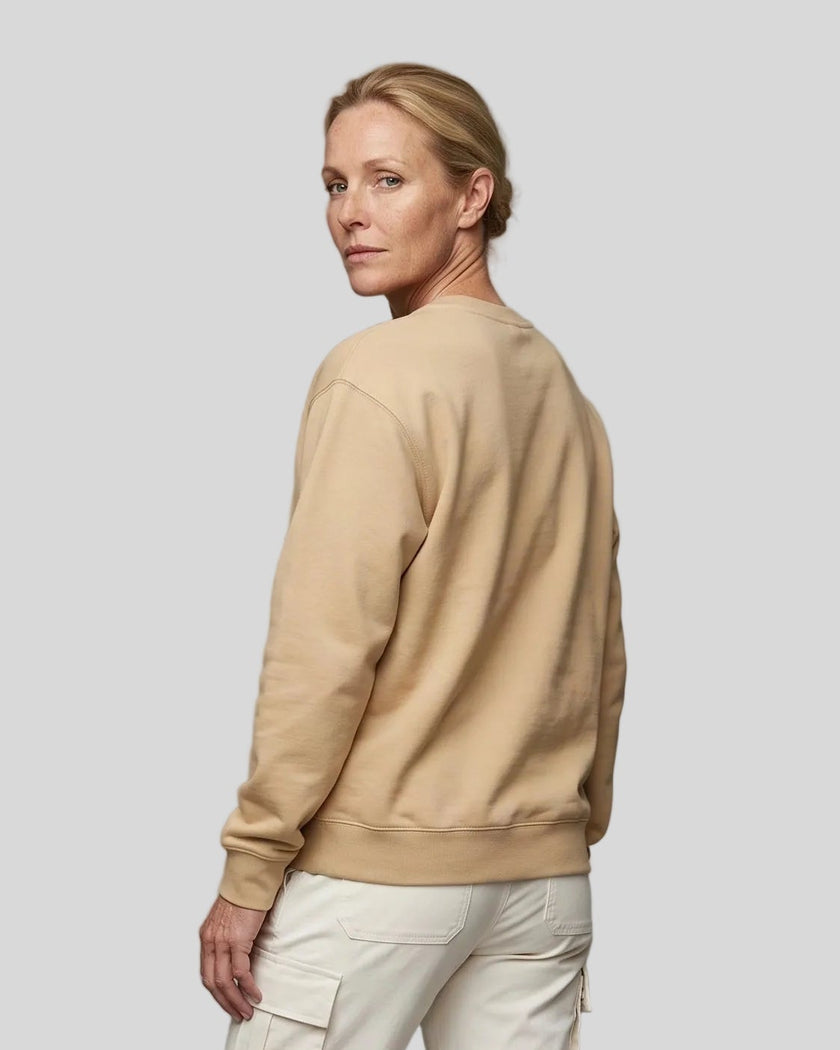 Upper body back angle view of woman wearing Everyday Oversized Sweatshirt in Khaki