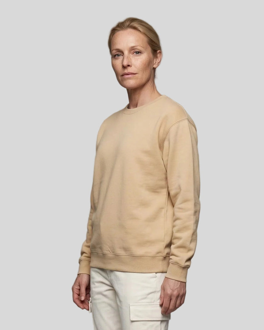 Upper body front angle view of woman wearing Everyday Oversized Sweatshirt in Khaki