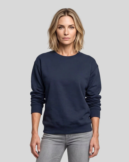 Upper body front view of woman wearing Everyday Oversized Sweatshirt in Navy Blue