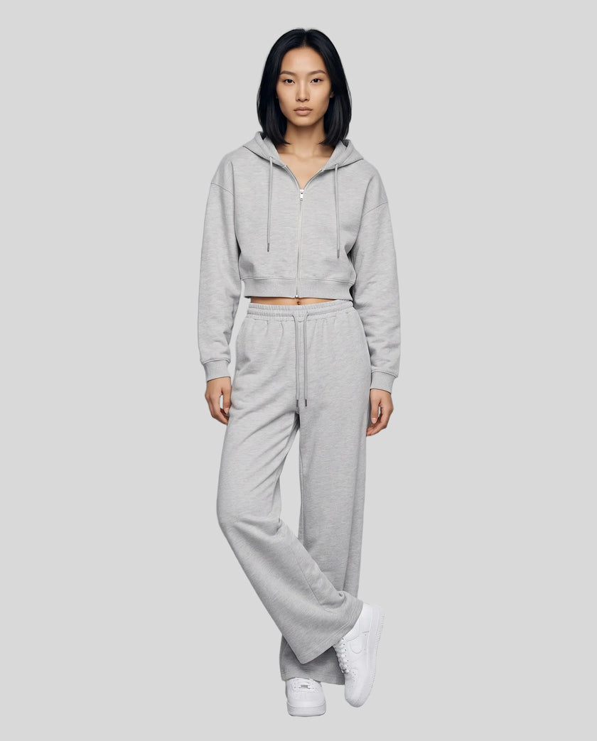 Full-body front view of a model wearing the Everyday Straight Leg Sweatpants in Flower Gray