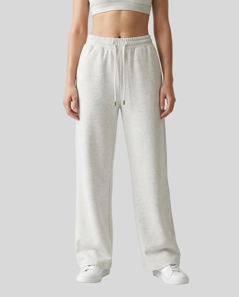 Model wearing the Everyday Straight Leg Sweatpants in Oat Gray viewed from the front