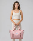Model carrying ExpandForm Weekender Bag in dusty pink styled for studio sessions and everyday movements