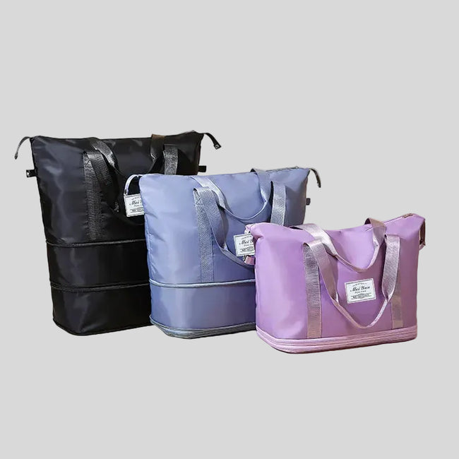 ExpandForm Weekender Bag displayed in three expansion levels showing adjustable size and capacity