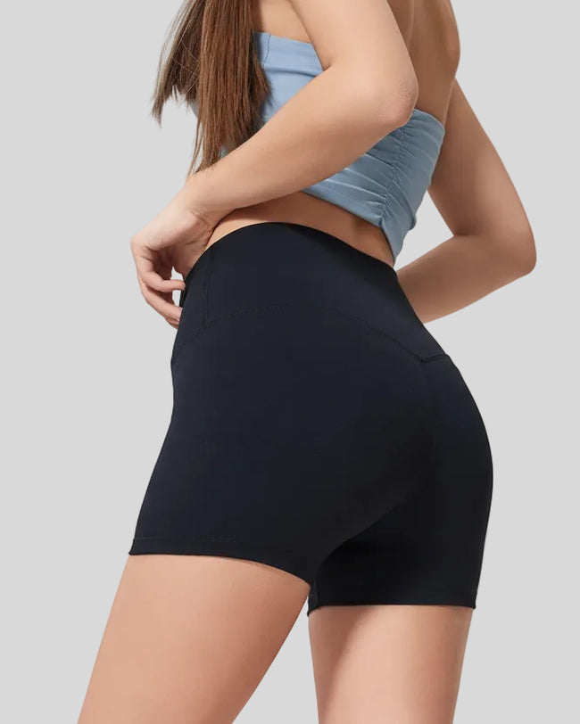 Smooth, stretchy fabric of FlexRise High-Waist Short Legging in Black - Athlesi