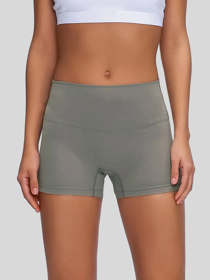 High-rise waistband of FlexRise High-Waist Short Legging in Dark Gray - Athlesi