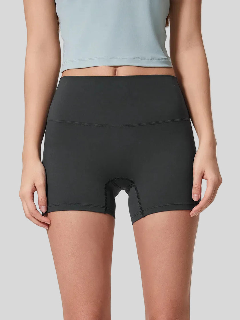 Smooth, stretchy fabric of FlexRise High-Waist Short Legging in Graphite Gray - Athlesi