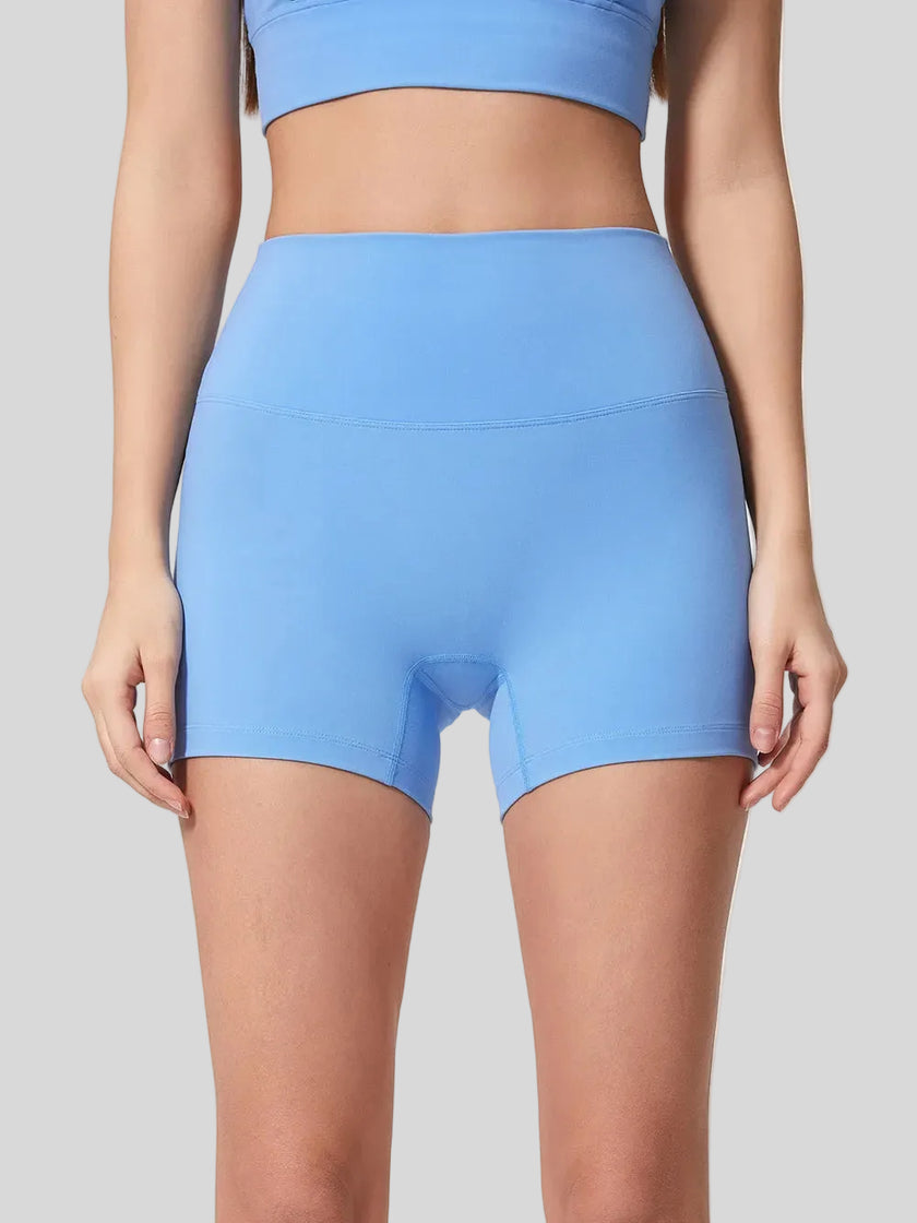 High-rise waistband of FlexRise High-Waist Short Legging in Light Blue - Athlesi