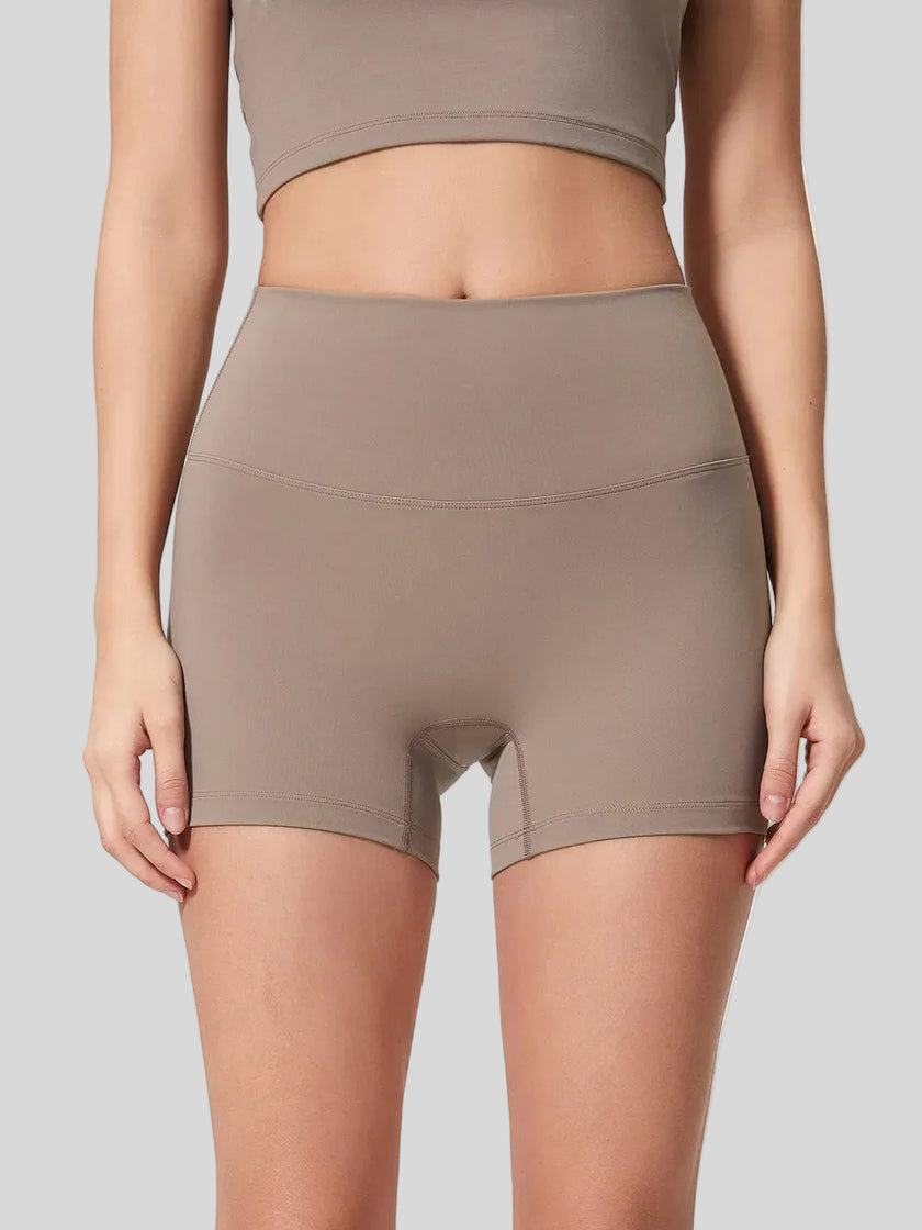 High-rise waistband of FlexRise High-Waist Short Legging in Mocha - Athlesi