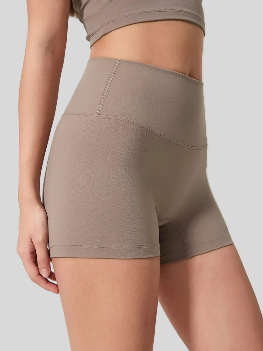 Easy mobility of FlexRise High-Waist Short Legging in Mocha - Athlesi